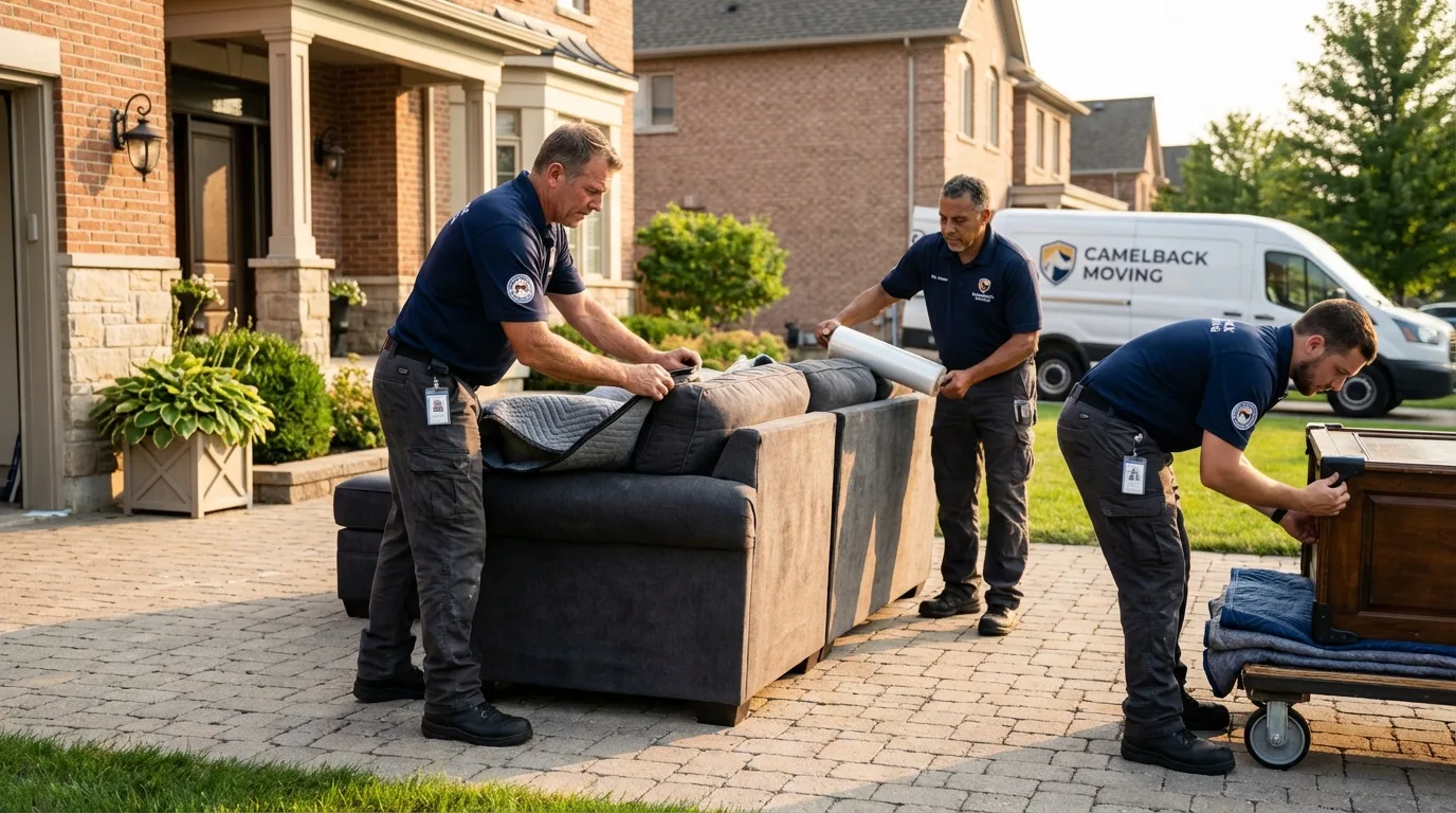 Large estate moving crew wrapping furniture in Conrad, IA