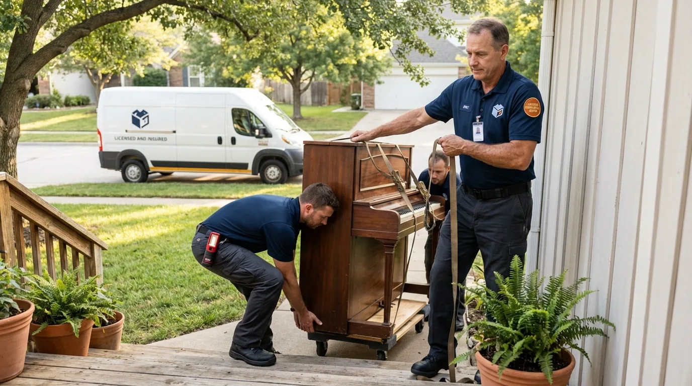 Licensed piano movers securing grand piano in Conrad, IA