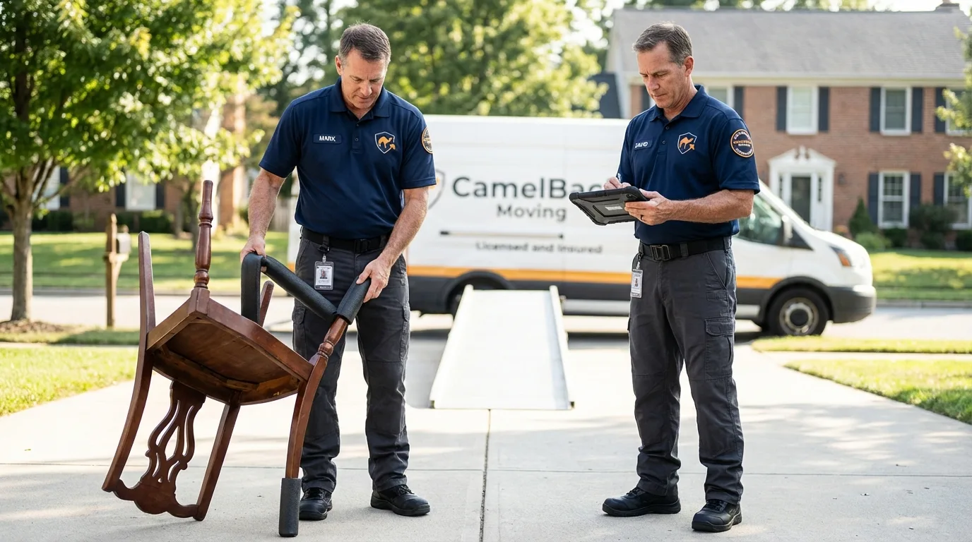 Movers inspecting furniture for damage prevention before loading in Conrad, IA